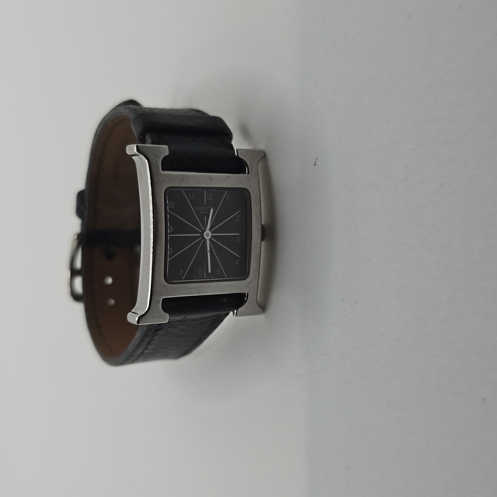 Hermes Black Leather Strap Silver-Tone Case Watch - Picture 11 of 14